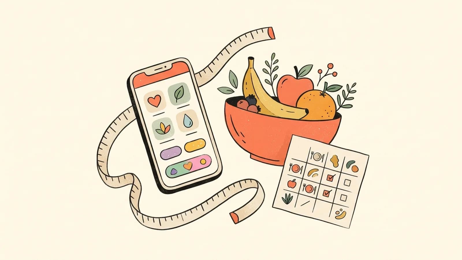 Mesa con frutas, verduras y un celular con un plan de comidas